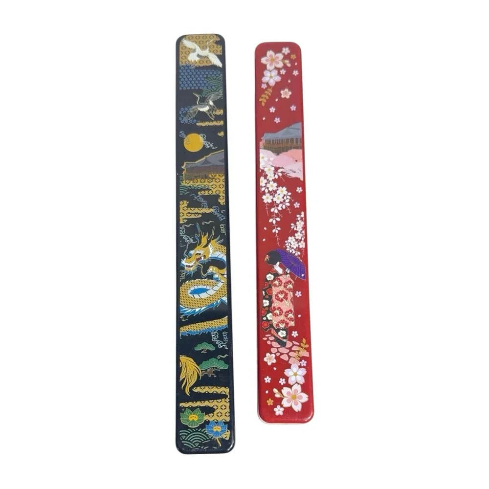 Japanese Travel Chopsticks 2 Pair Cases Dragon Geisha Cranes Sakura Red Black